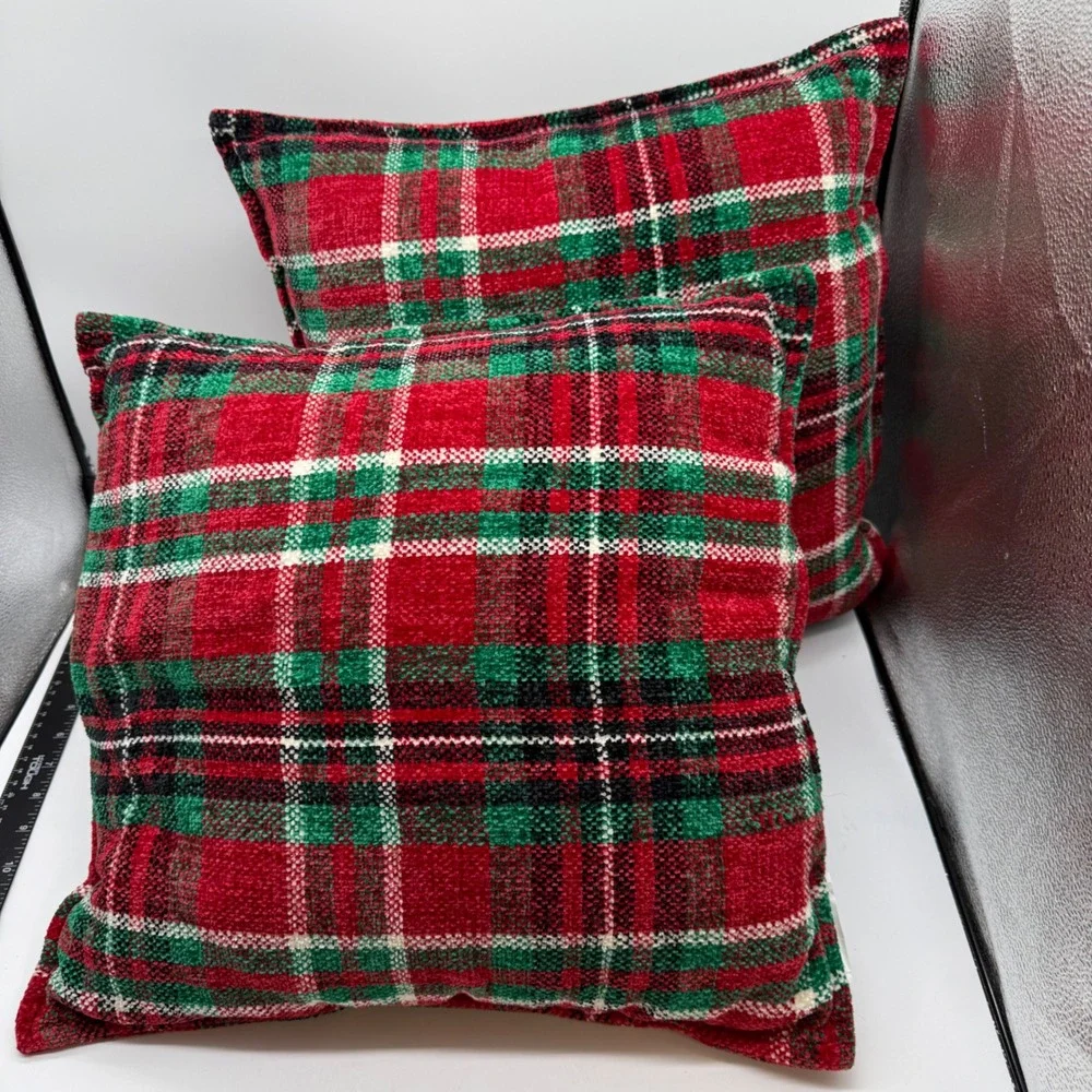Red Green Plaid Christmas Throw Pillows Set 2 Holiday 16x16 cabin farm rustic